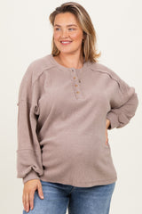 Beige Oversized Ribbed Knit Henley Maternity Plus Sweater