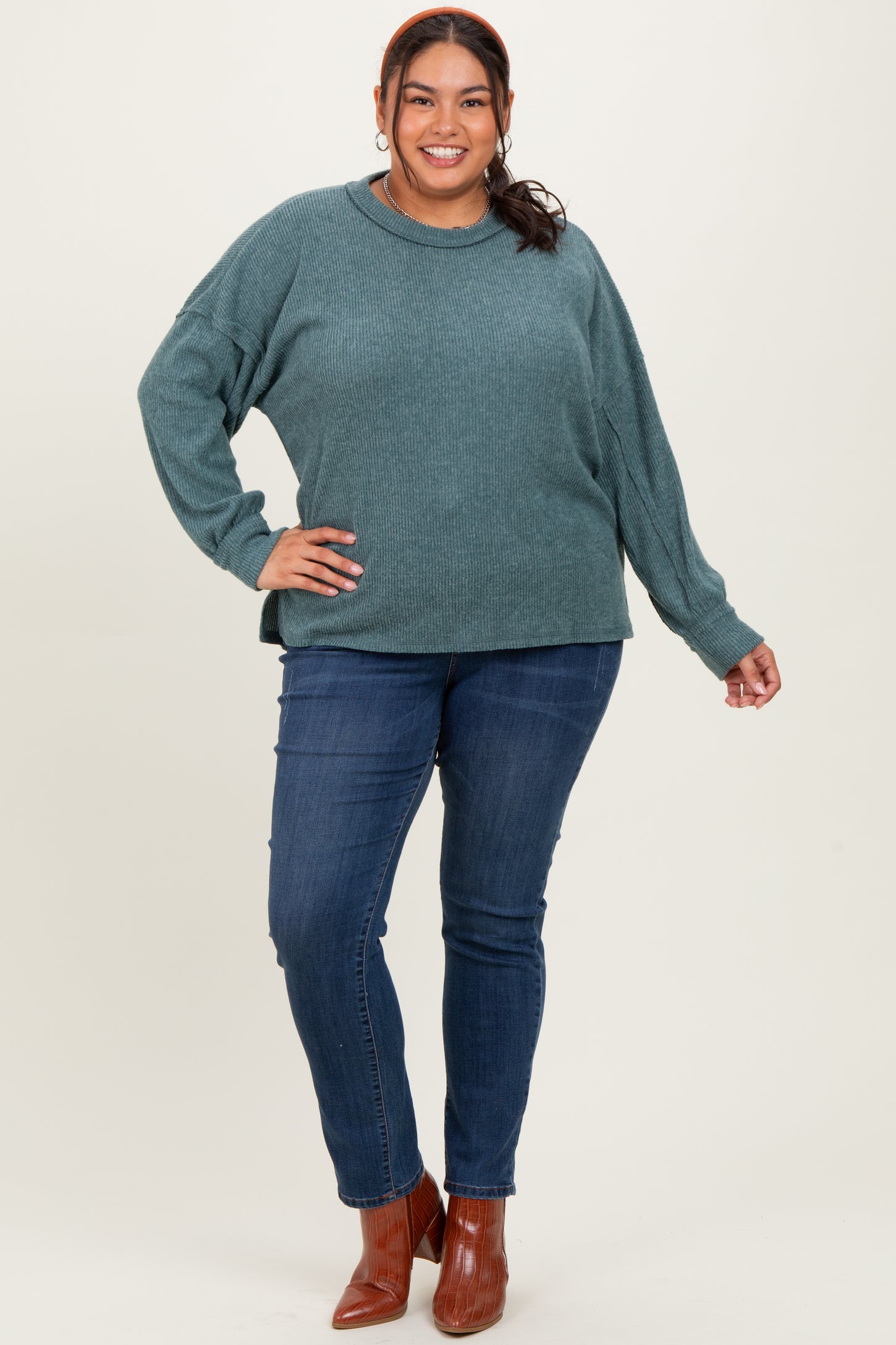 Emerald Green Brushed Ribbed Knit Plus Pullover