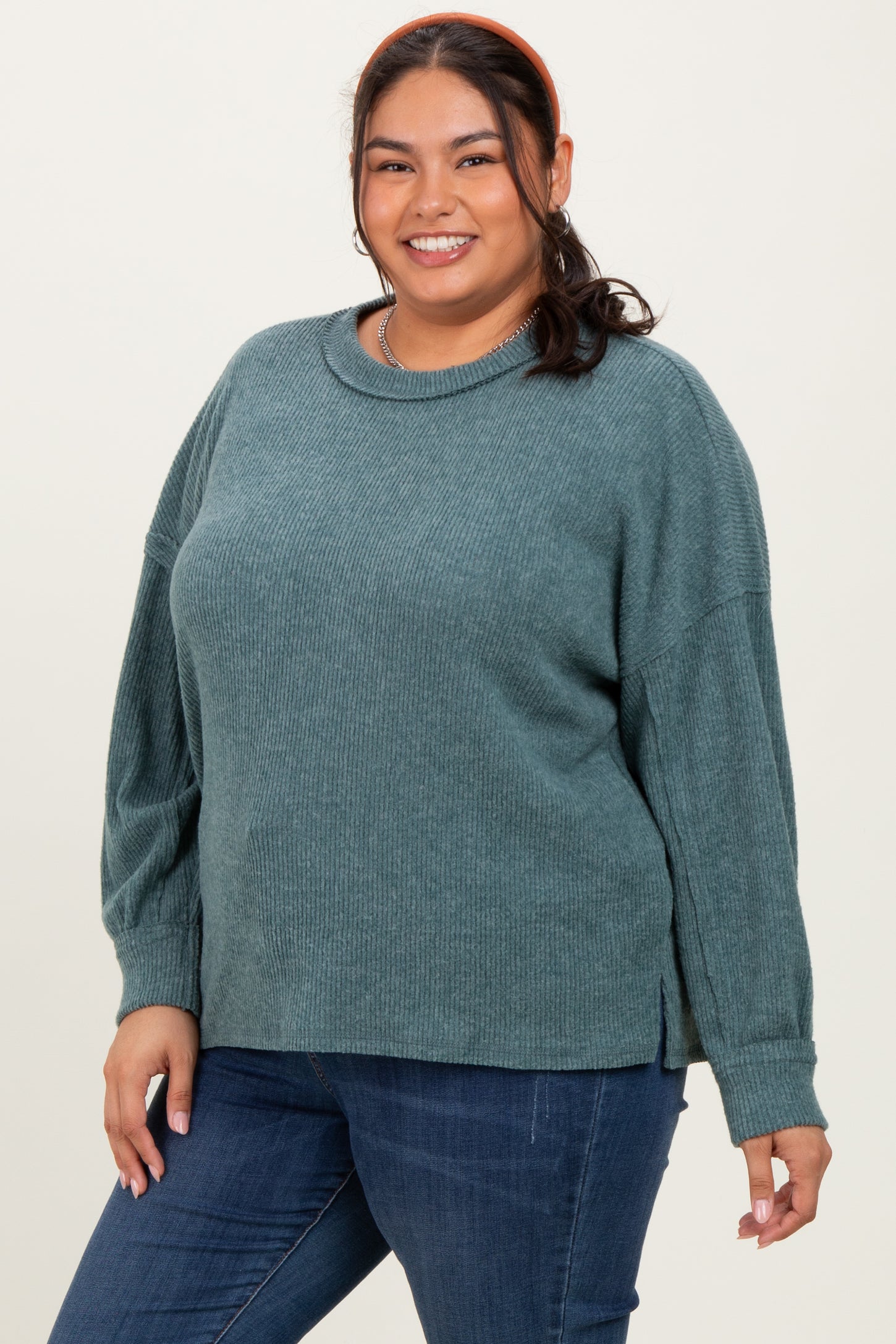 Emerald Green Brushed Ribbed Knit Plus Pullover