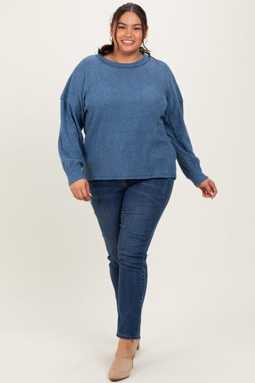 Blue Brushed Ribbed Knit Plus Pullover