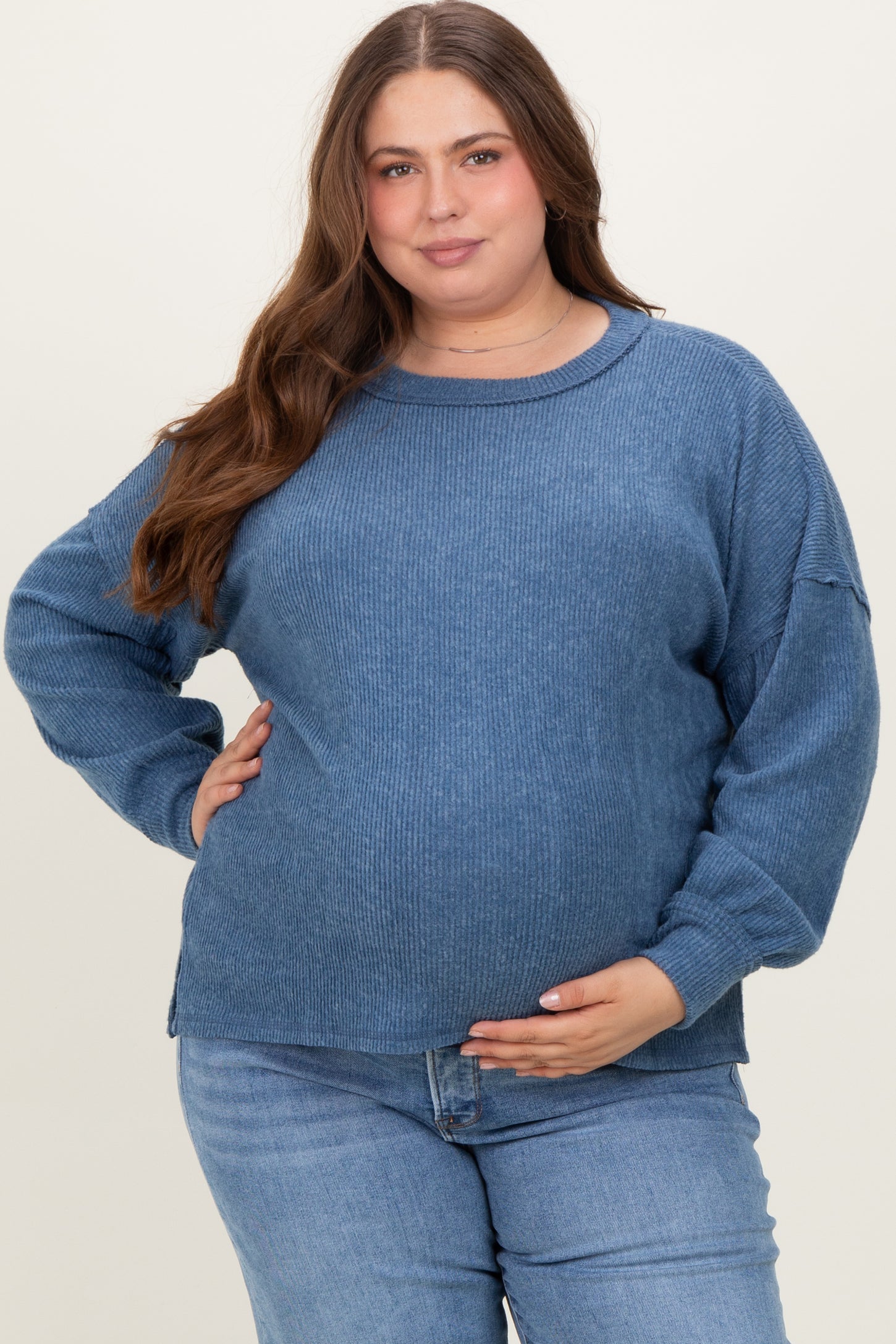 Blue Brushed Ribbed Knit Maternity Plus Pullover