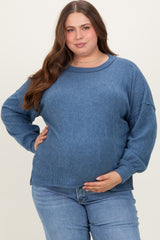 Blue Brushed Ribbed Knit Maternity Plus Pullover