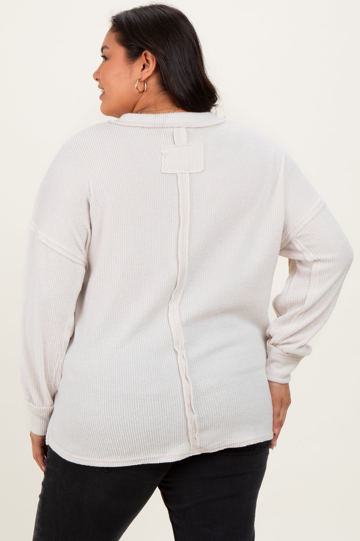 Cream Brushed Ribbed Knit Plus Pullover