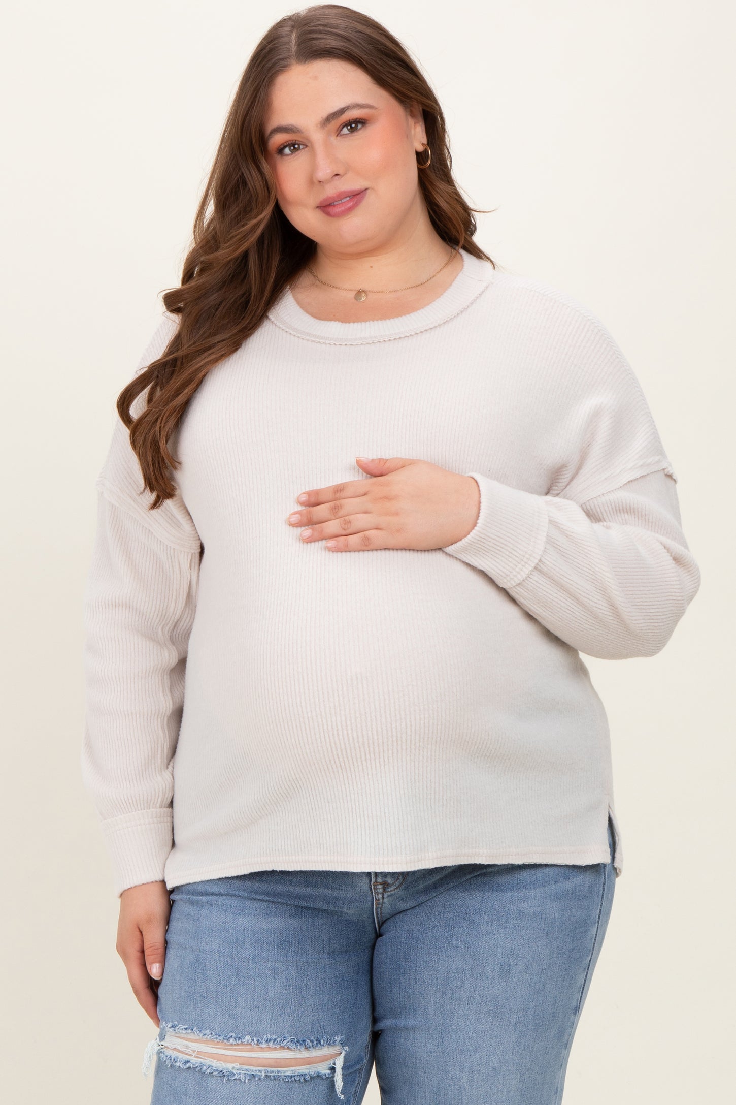 Cream Brushed Ribbed Knit Maternity Plus Pullover