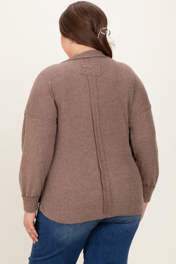 Mocha Brushed Ribbed Knit Maternity Plus Pullover