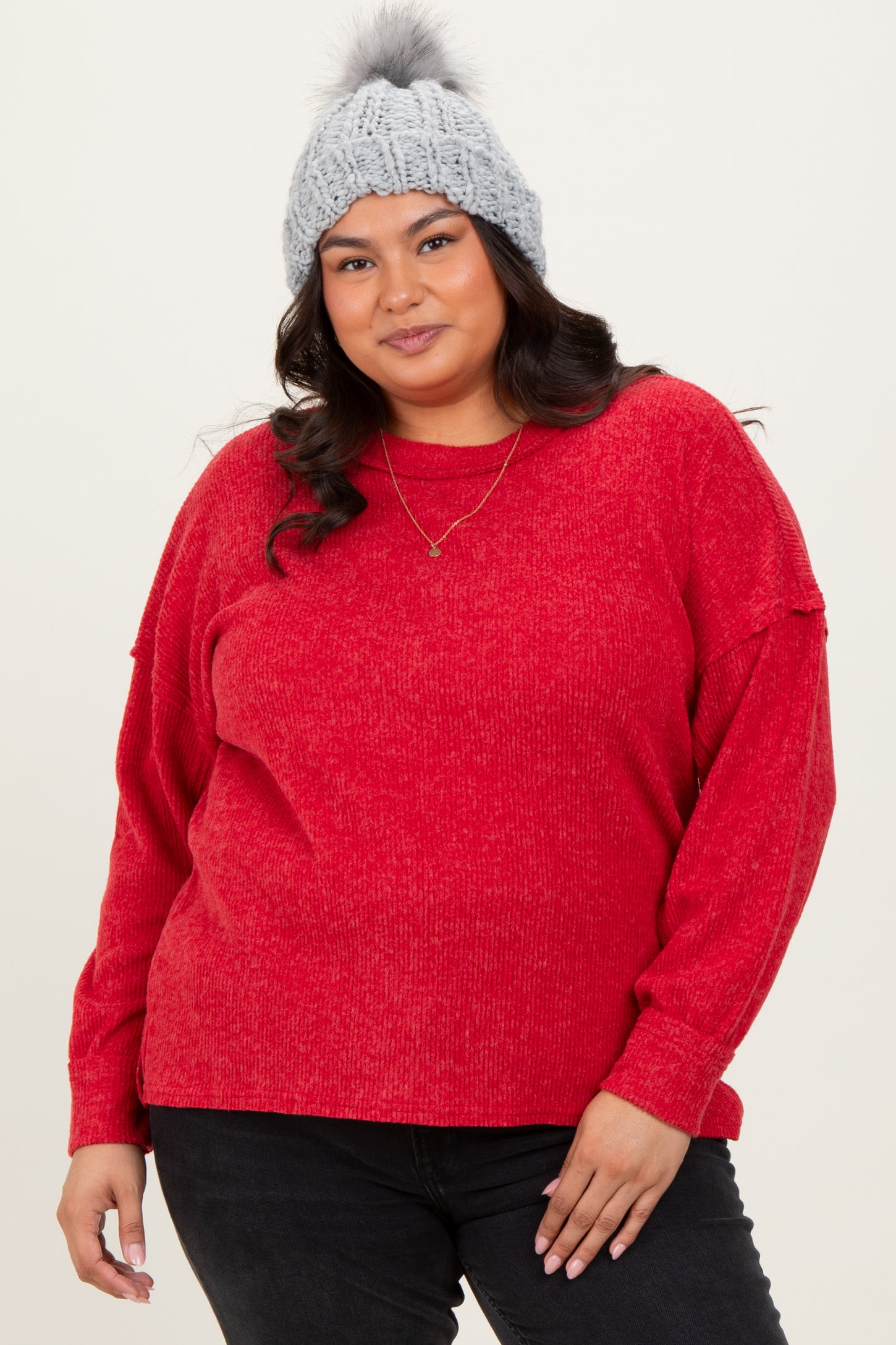 Red Brushed Ribbed Knit Plus Pullover