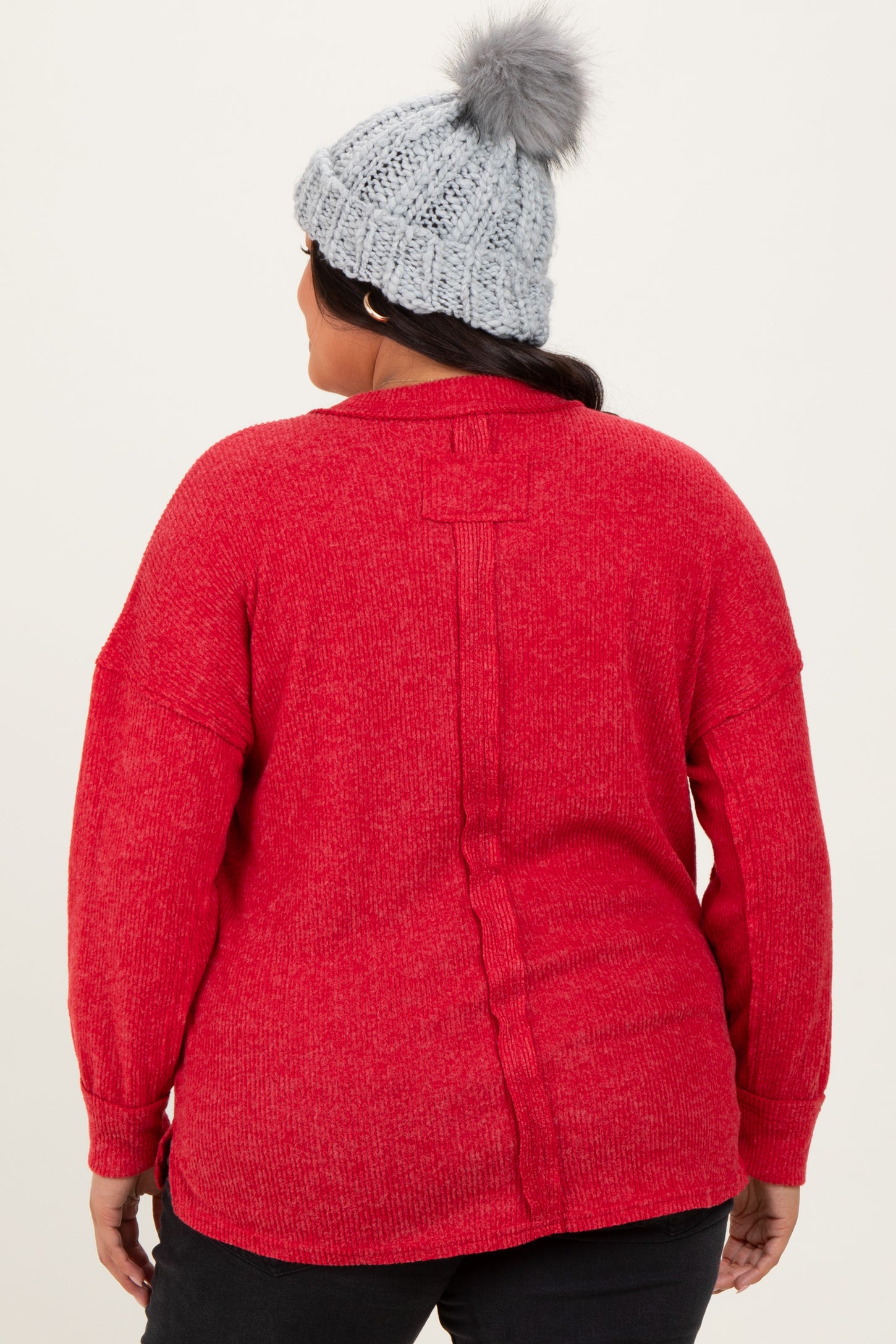 Red Brushed Ribbed Knit Plus Pullover