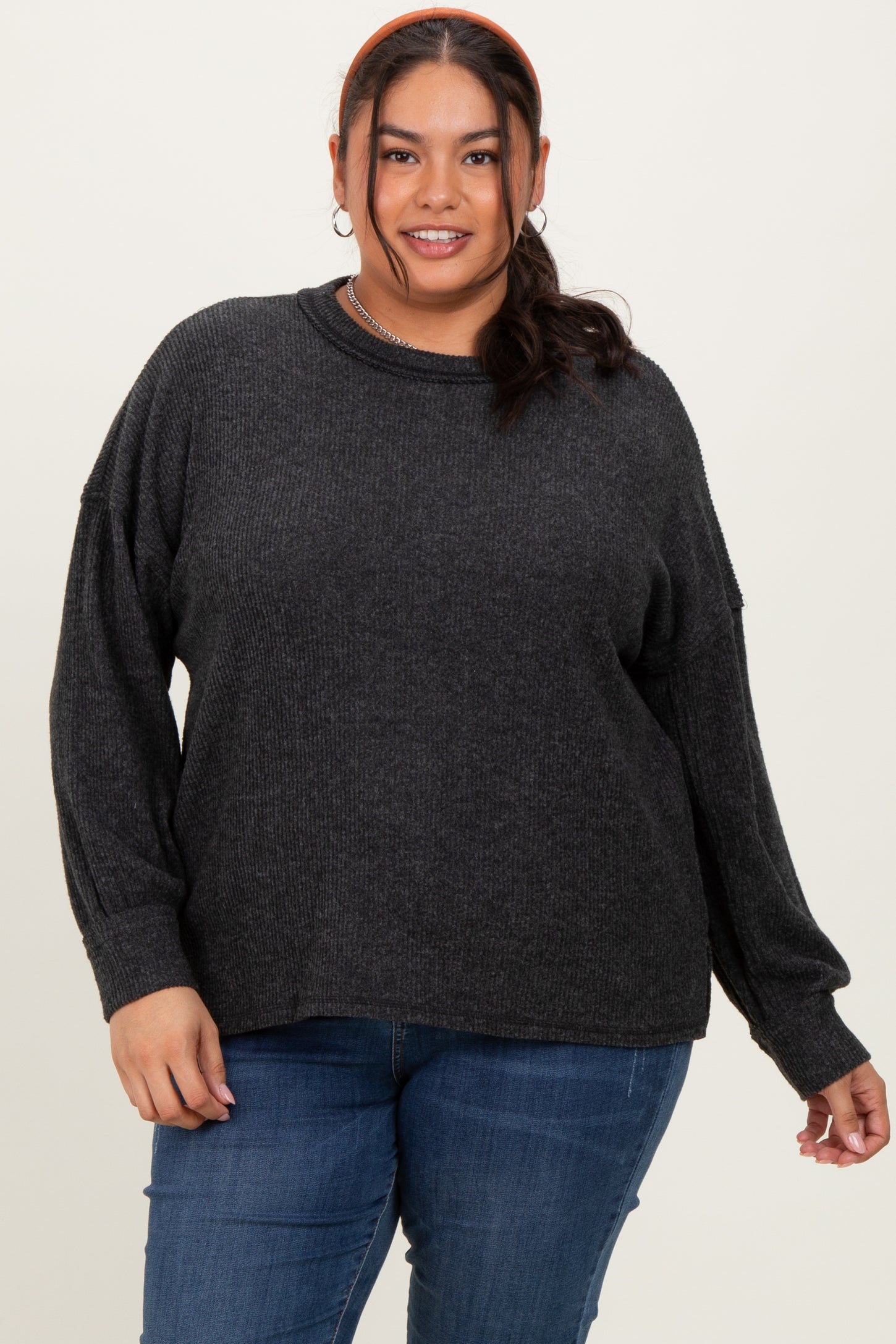Charcoal  Brushed Ribbed Knit Plus Pullover