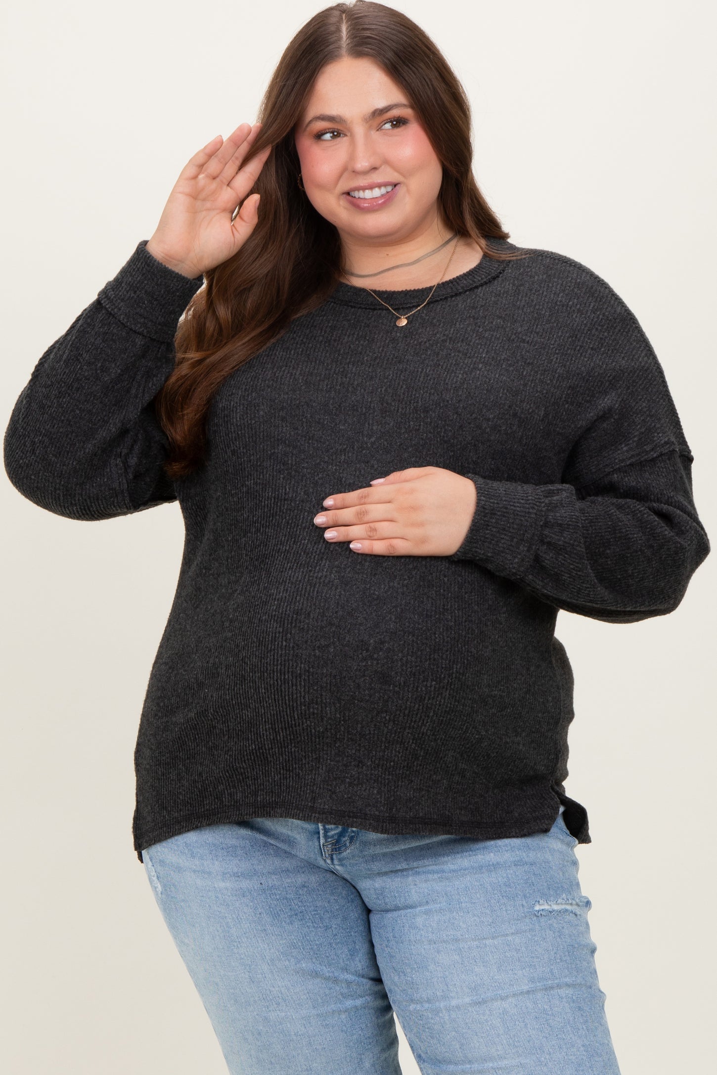 Charcoal Brushed Ribbed Knit Maternity Plus Pullover