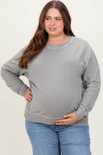 Heather Grey French Terry Vintage Wash Maternity Plus Pullover