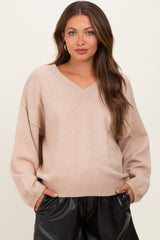 Beige V-Neck Drop Shoulder Maternity Sweater