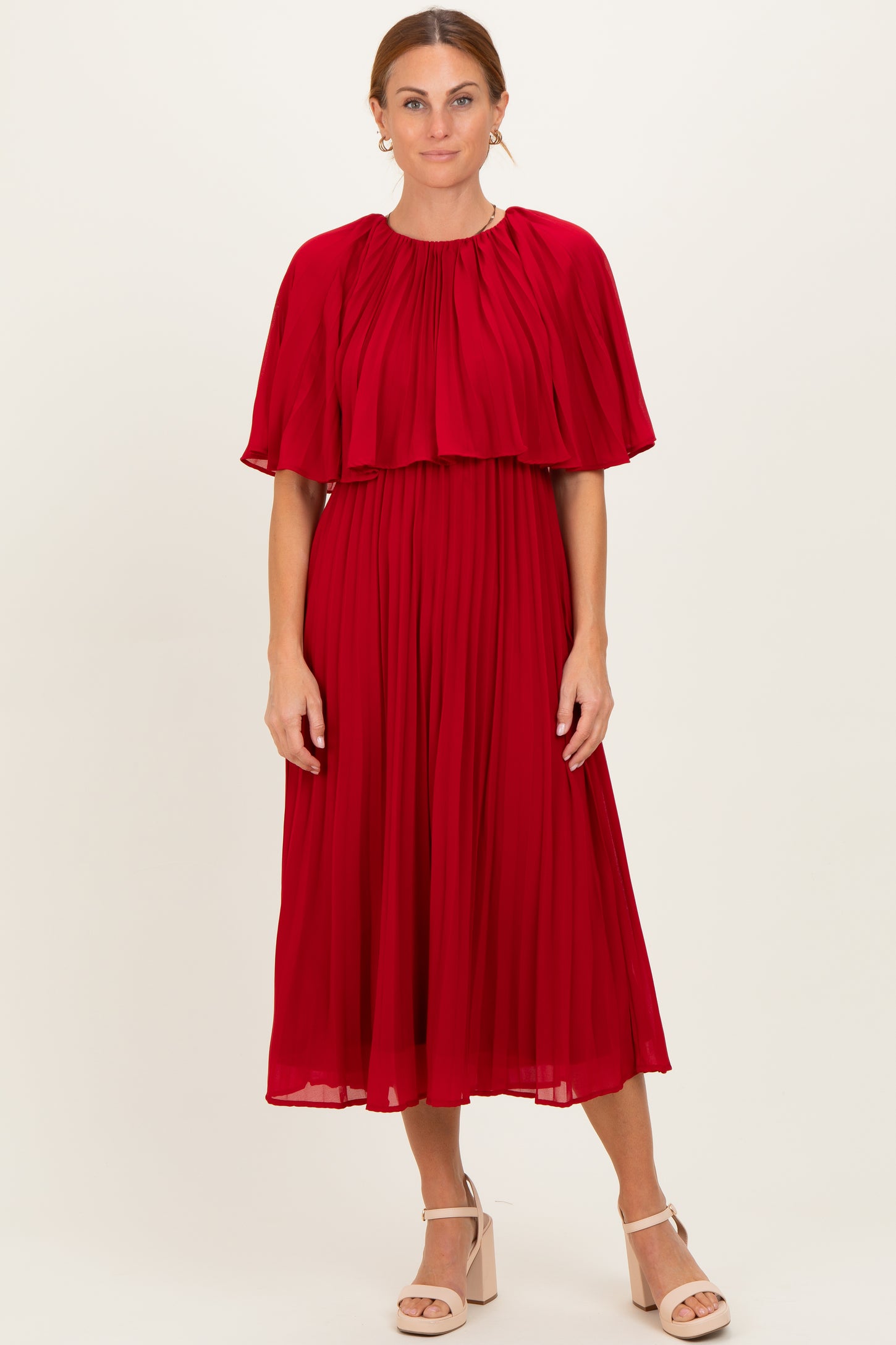 Burgundy Pleated Cape Midi Dress