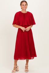 Burgundy Pleated Cape Midi Dress
