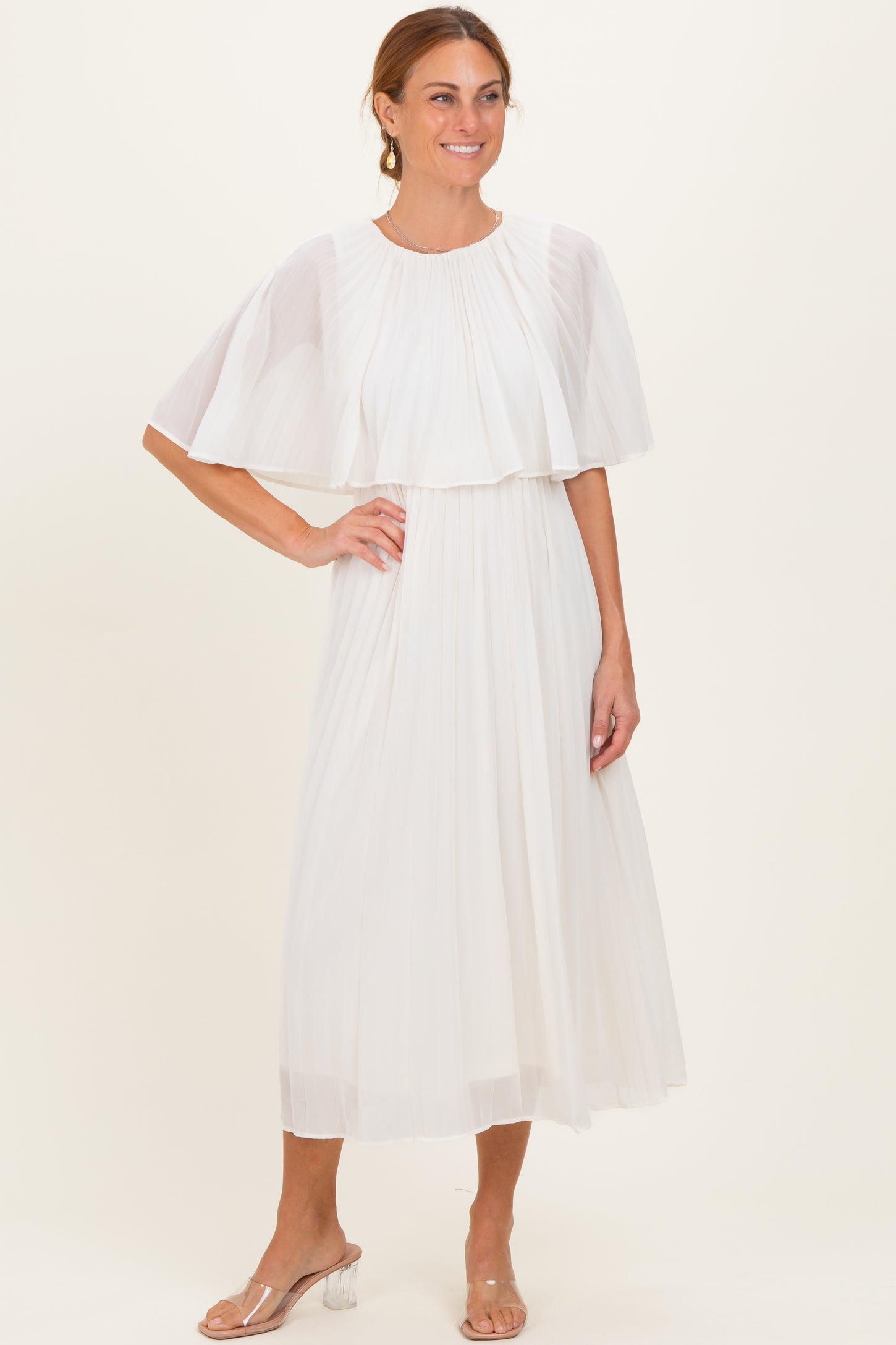 Cream Pleated Cape Midi Dress