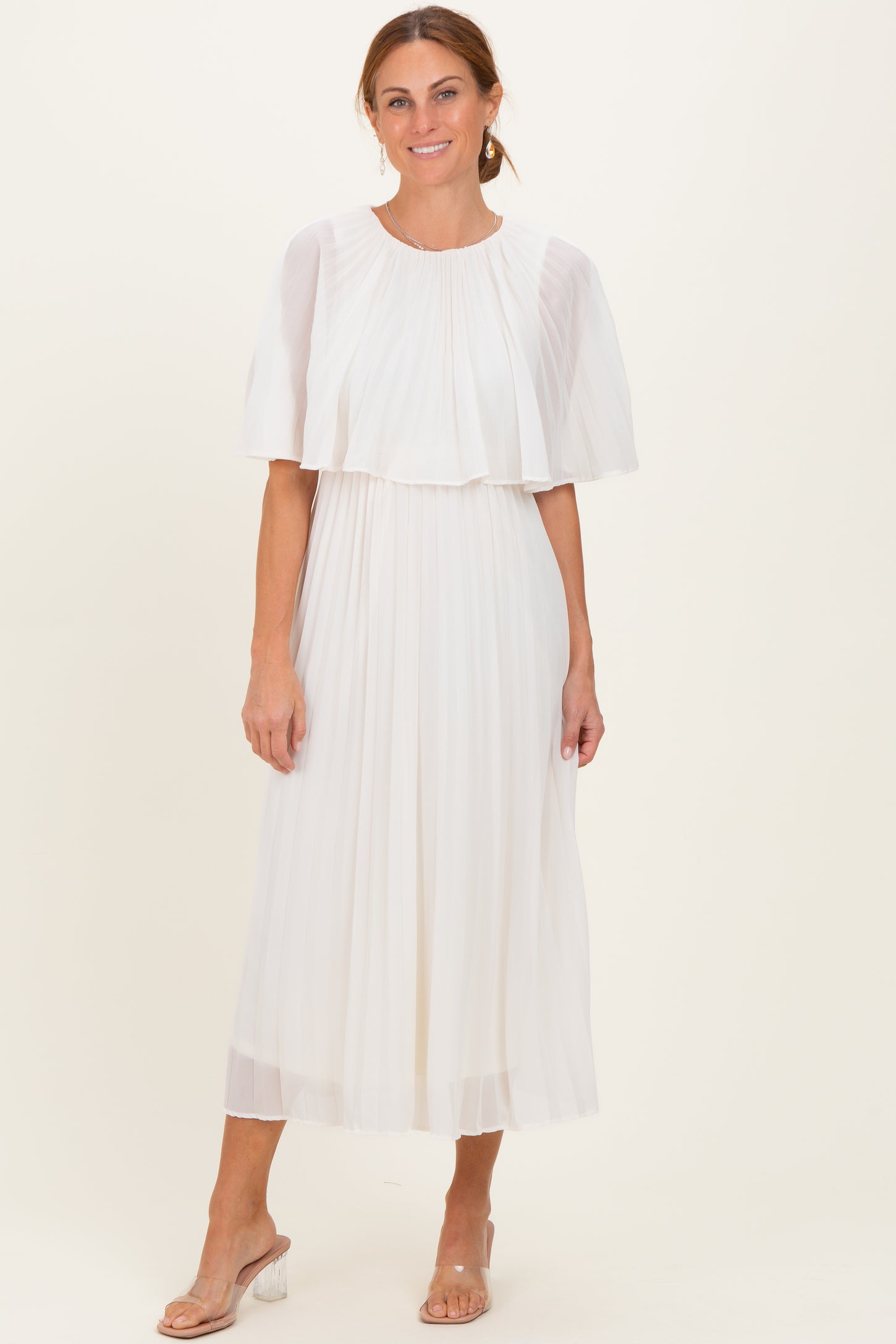 Cream Pleated Cape Midi Dress