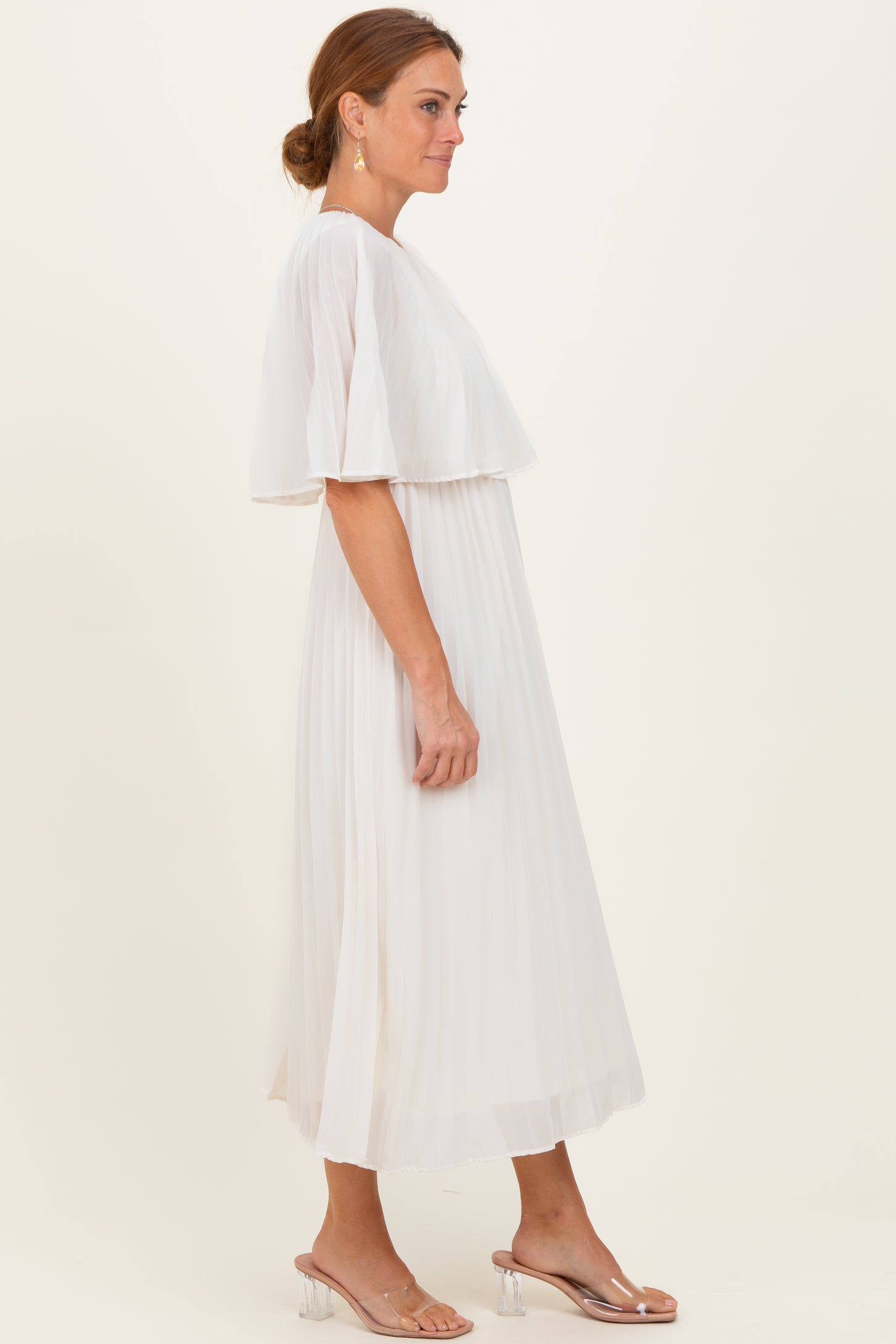 Cream Pleated Cape Midi Dress