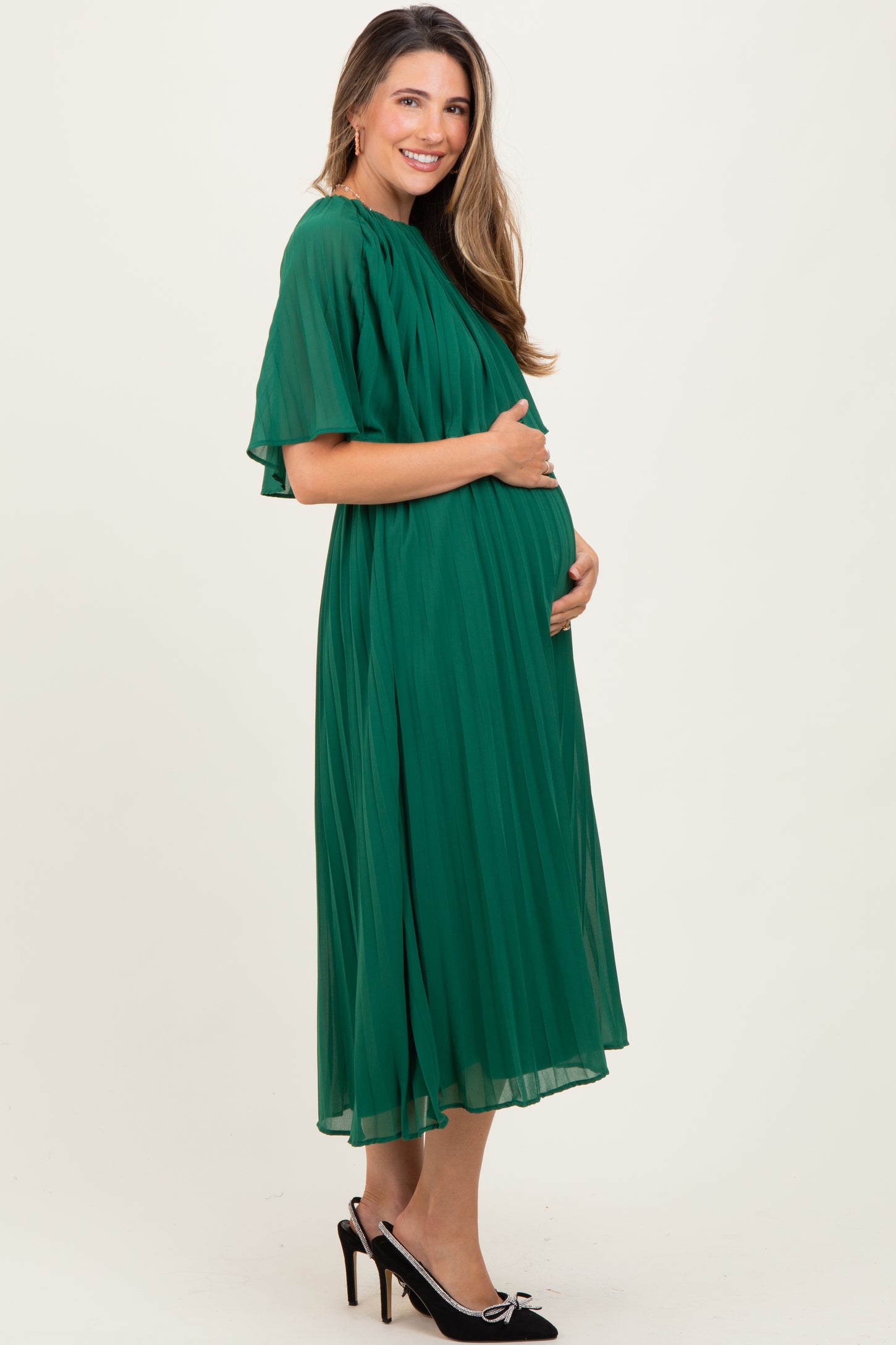 Green Pleated Cape Maternity Midi Dress
