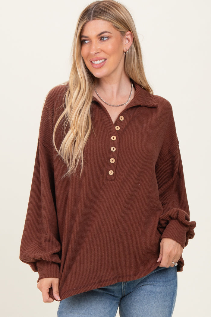 Brown Solid Ribbed Long Sleeve Button Down Collared Maternity Top