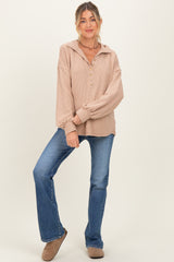 Taupe Solid Ribbed Long Sleeve Button Down Collared Maternity Top