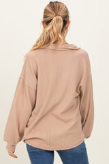 Taupe Solid Ribbed Long Sleeve Button Down Collared Maternity Top