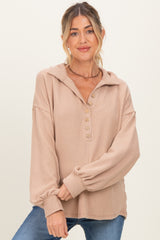 Taupe Solid Ribbed Long Sleeve Button Down Collared Maternity Top