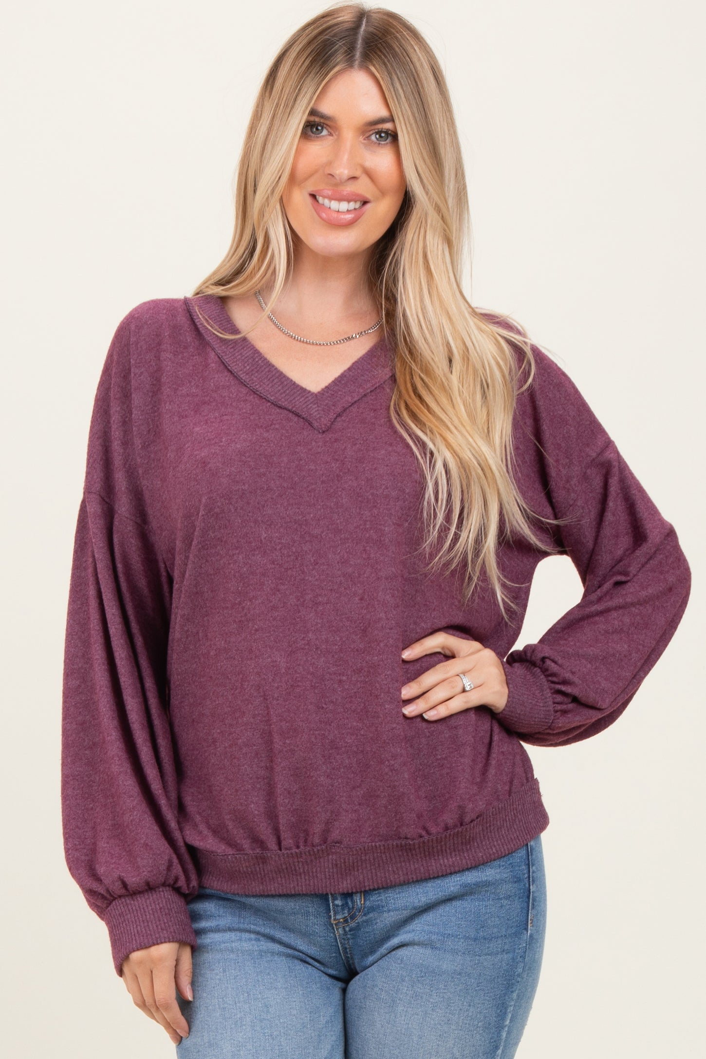 Plum Brushed Long Sleeve Ribbed V-Neck Maternity Top