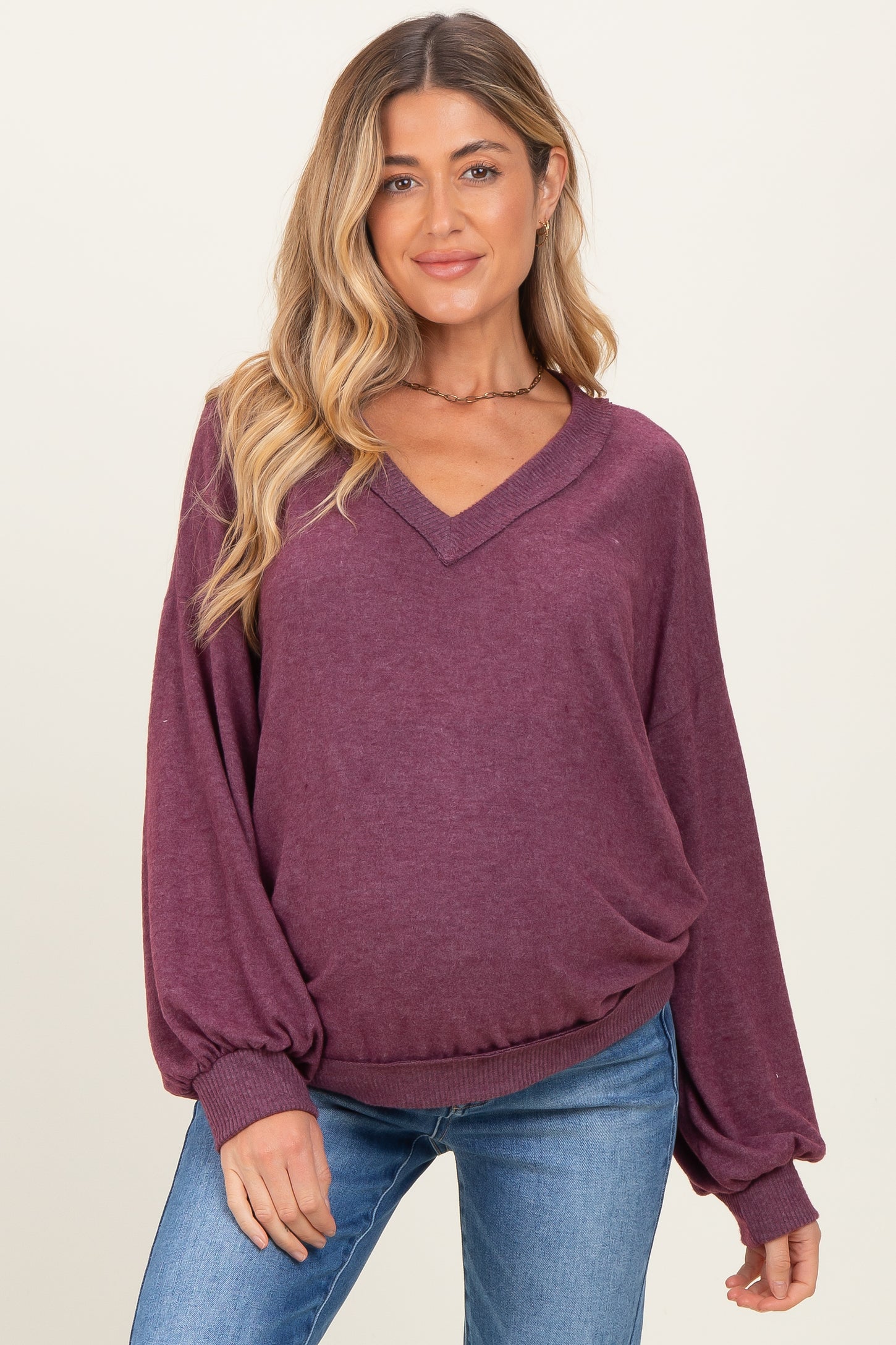 Plum Brushed Long Sleeve Ribbed V-Neck Maternity Top