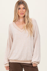 Beige Brushed Long Sleeve Ribbed V-Neck Top