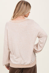 Beige Brushed Long Sleeve Ribbed V-Neck Top