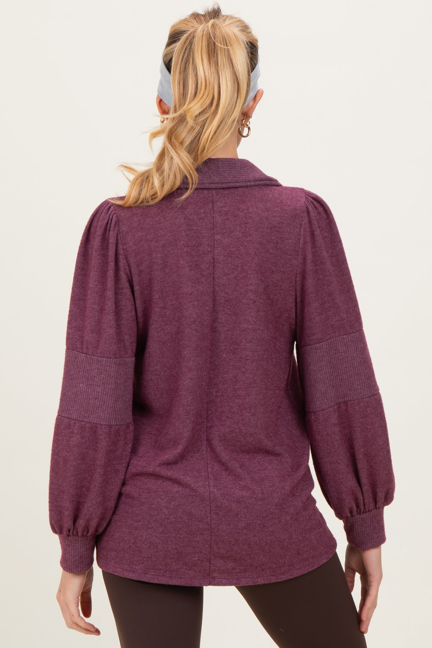 Plum Brushed Colorblock Long Sleeve Collared V-Neck Maternity Top