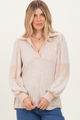 Beige Brushed Colorblock Long Sleeve Collared V-Neck Maternity Top