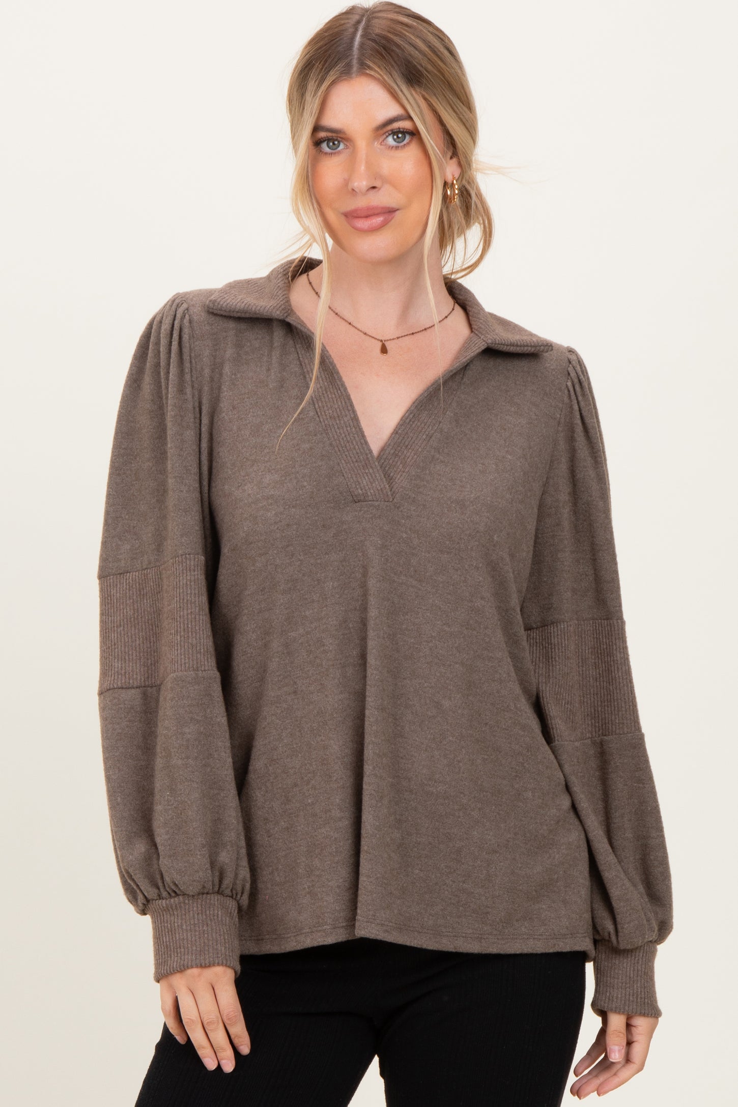 Brown Brushed Colorblock Long Sleeve Collared V-Neck Maternity Top