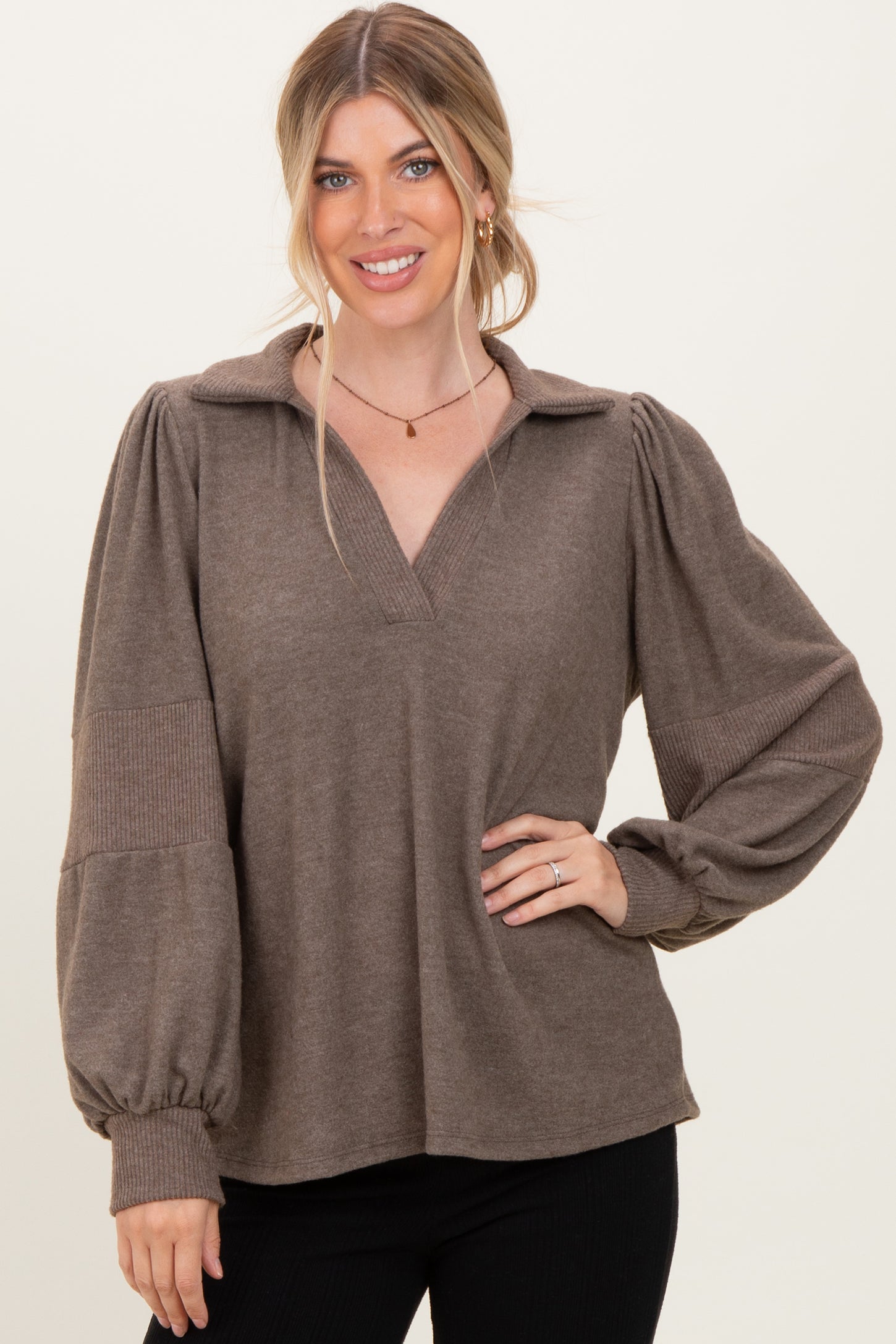 Brown Brushed Colorblock Long Sleeve Collared V-Neck Top