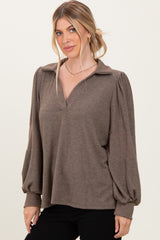 Brown Brushed Colorblock Long Sleeve Collared V-Neck Top