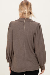 Brown Brushed Colorblock Long Sleeve Collared V-Neck Top