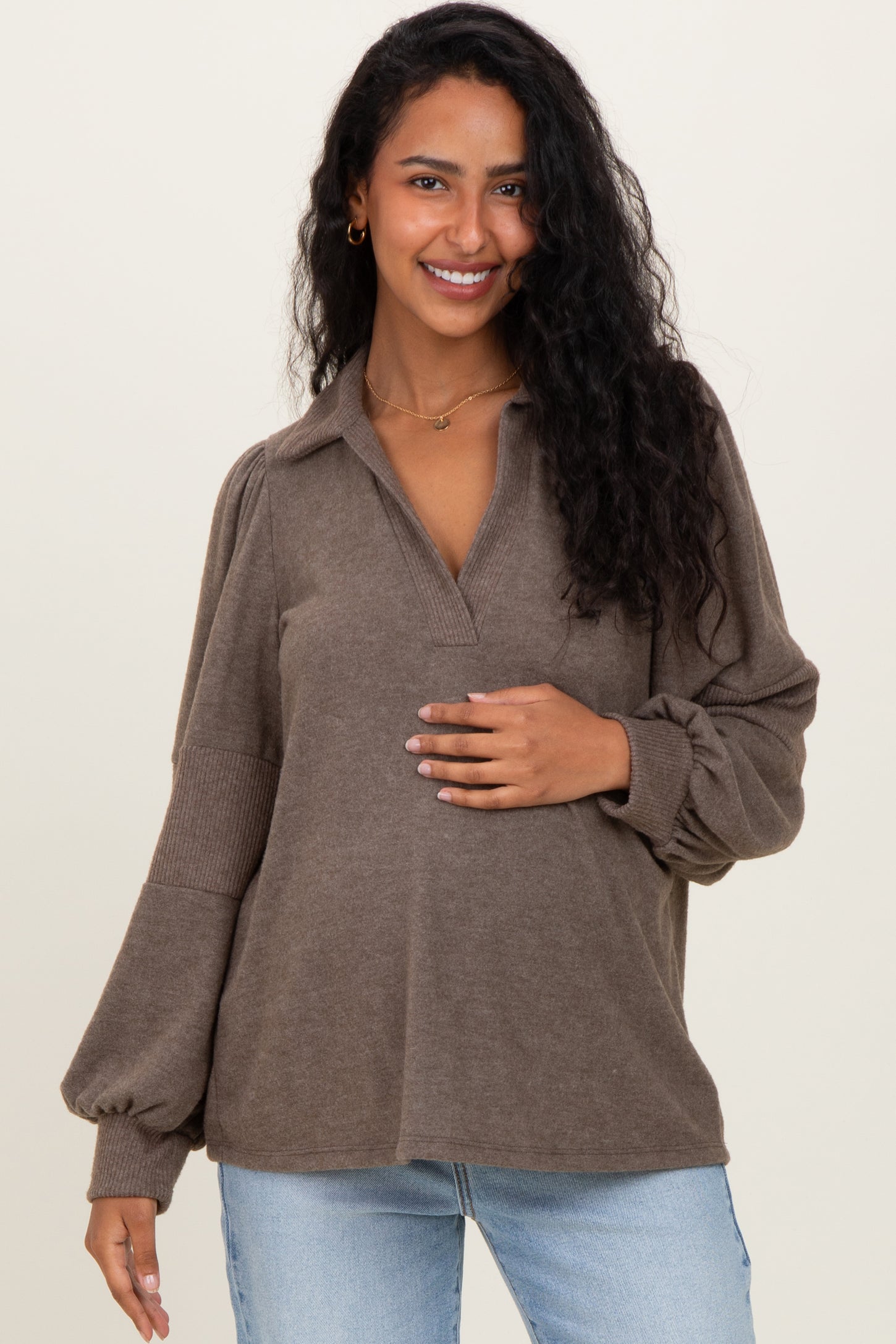 Brown Brushed Colorblock Long Sleeve Collared V-Neck Maternity Top