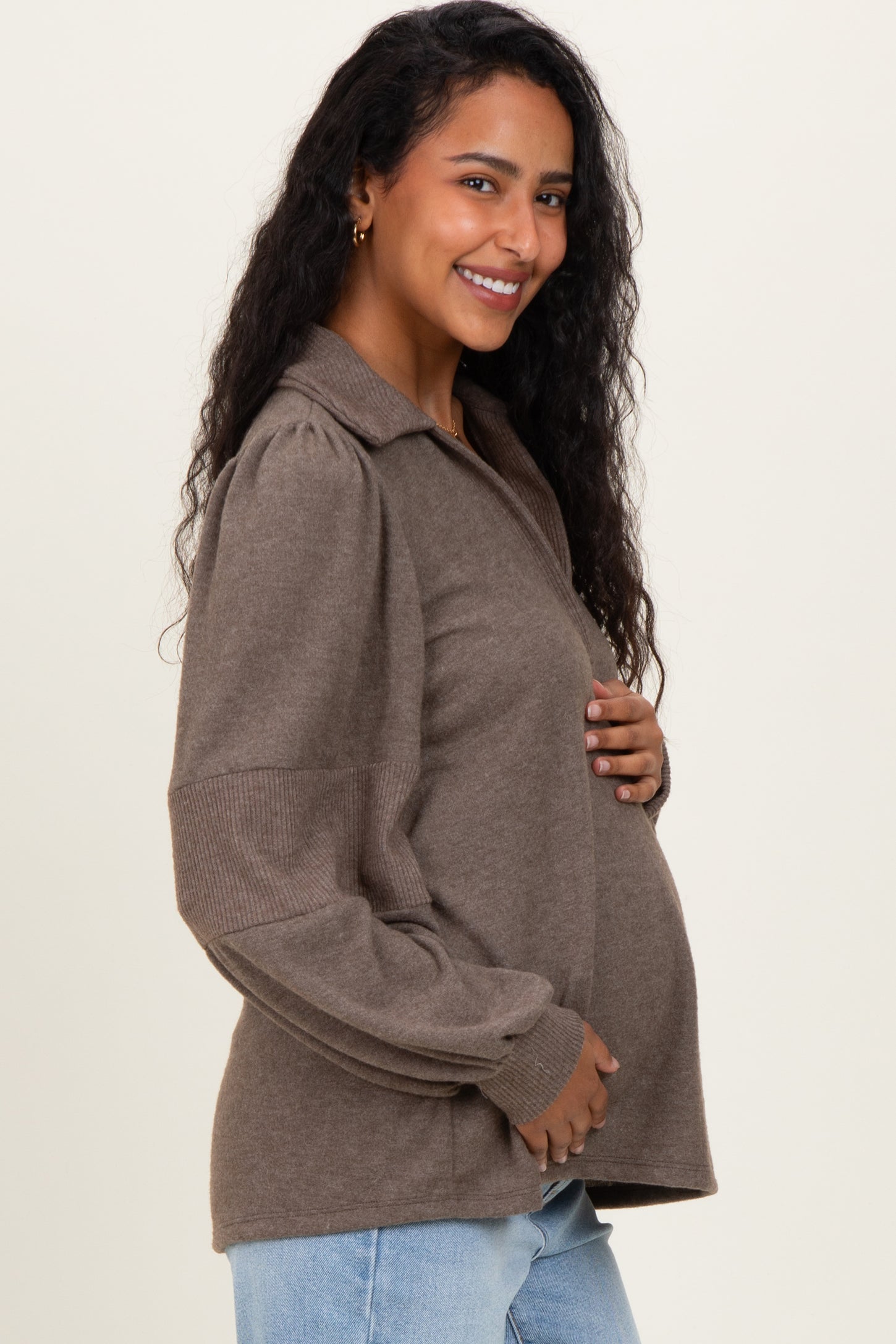 Brown Brushed Colorblock Long Sleeve Collared V-Neck Maternity Top