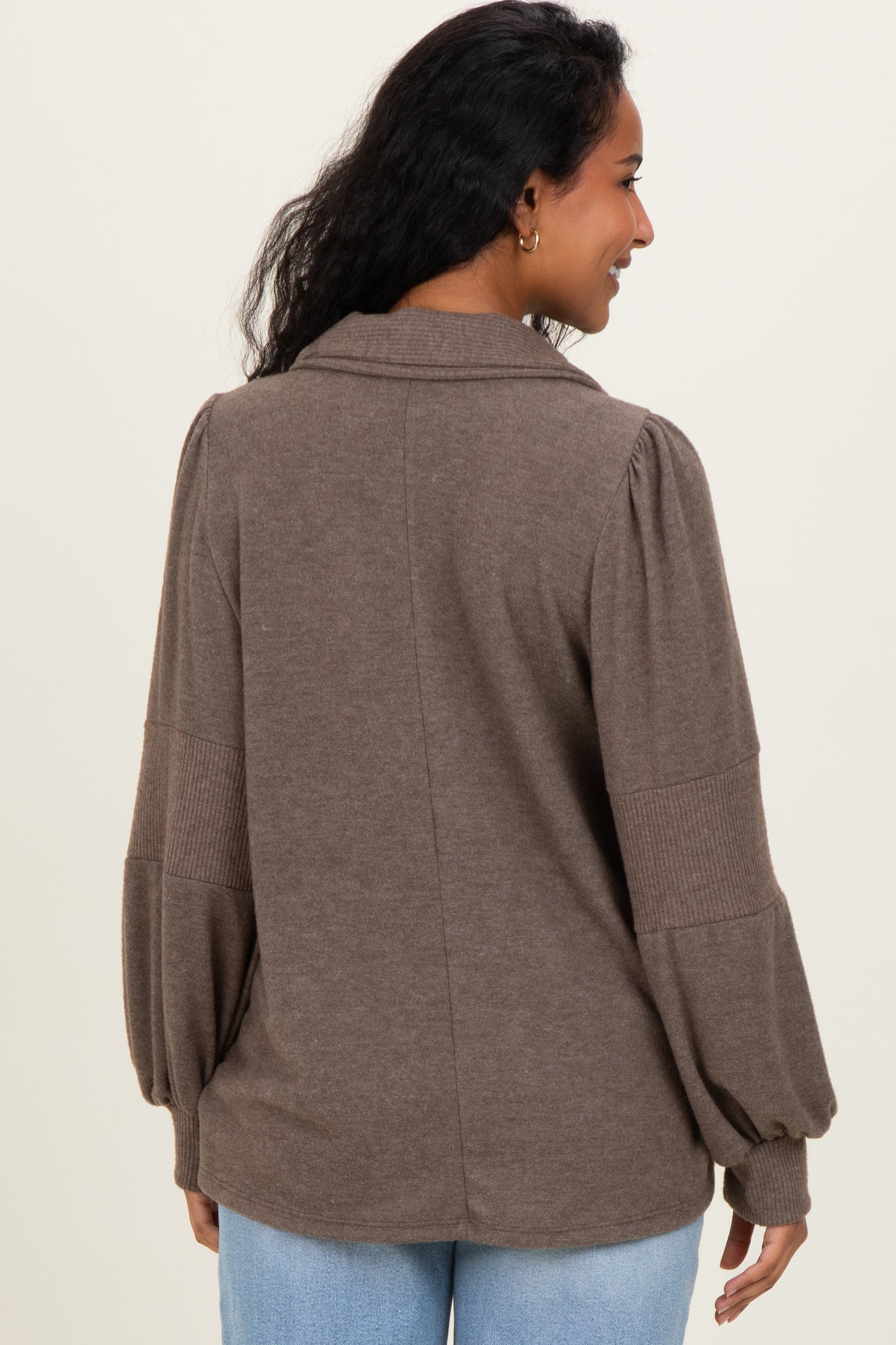 Brown Brushed Colorblock Long Sleeve Collared V-Neck Maternity Top