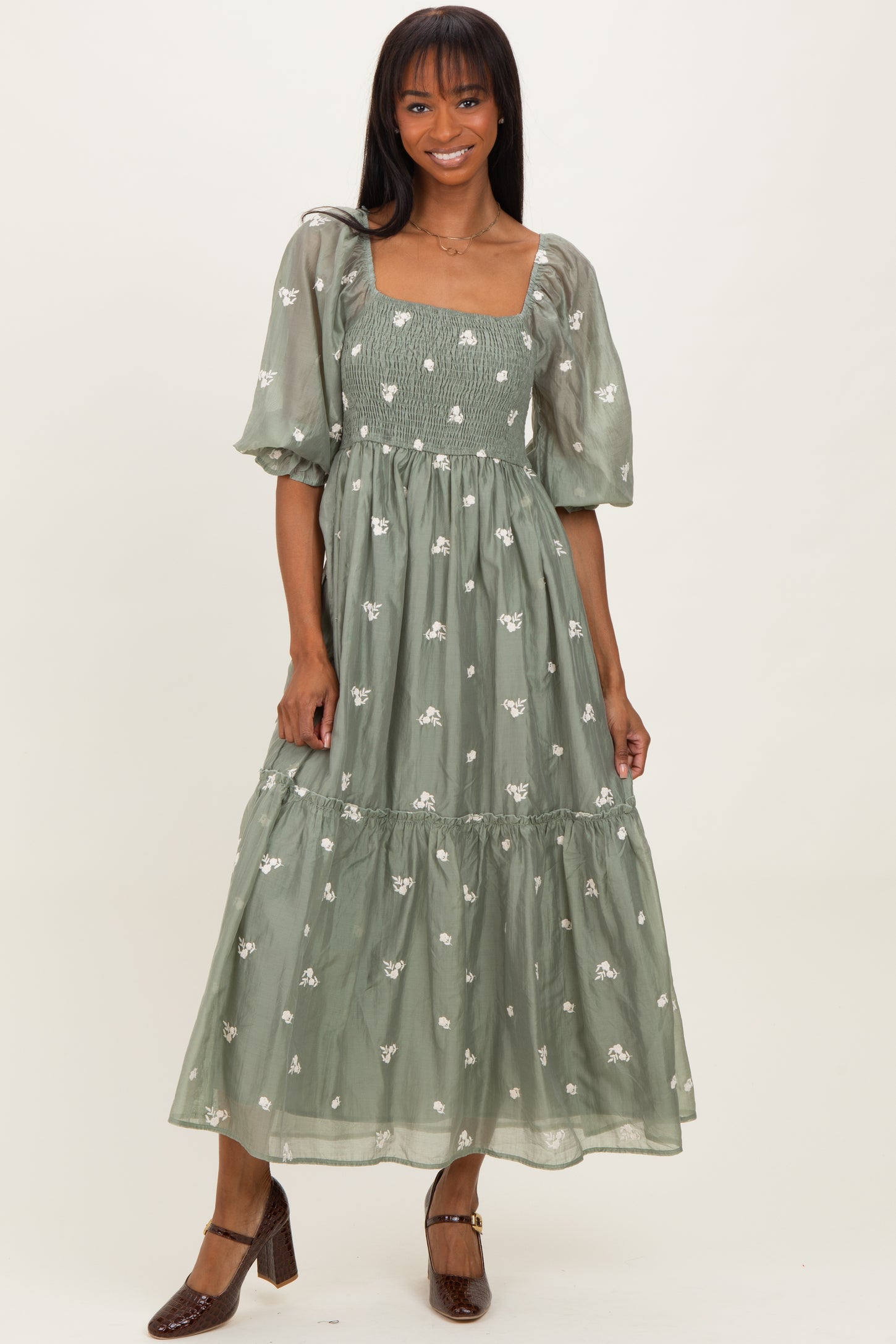 Light Olive Floral Embroidered Smocked 3/4 Sleeve Maternity Midi Dress