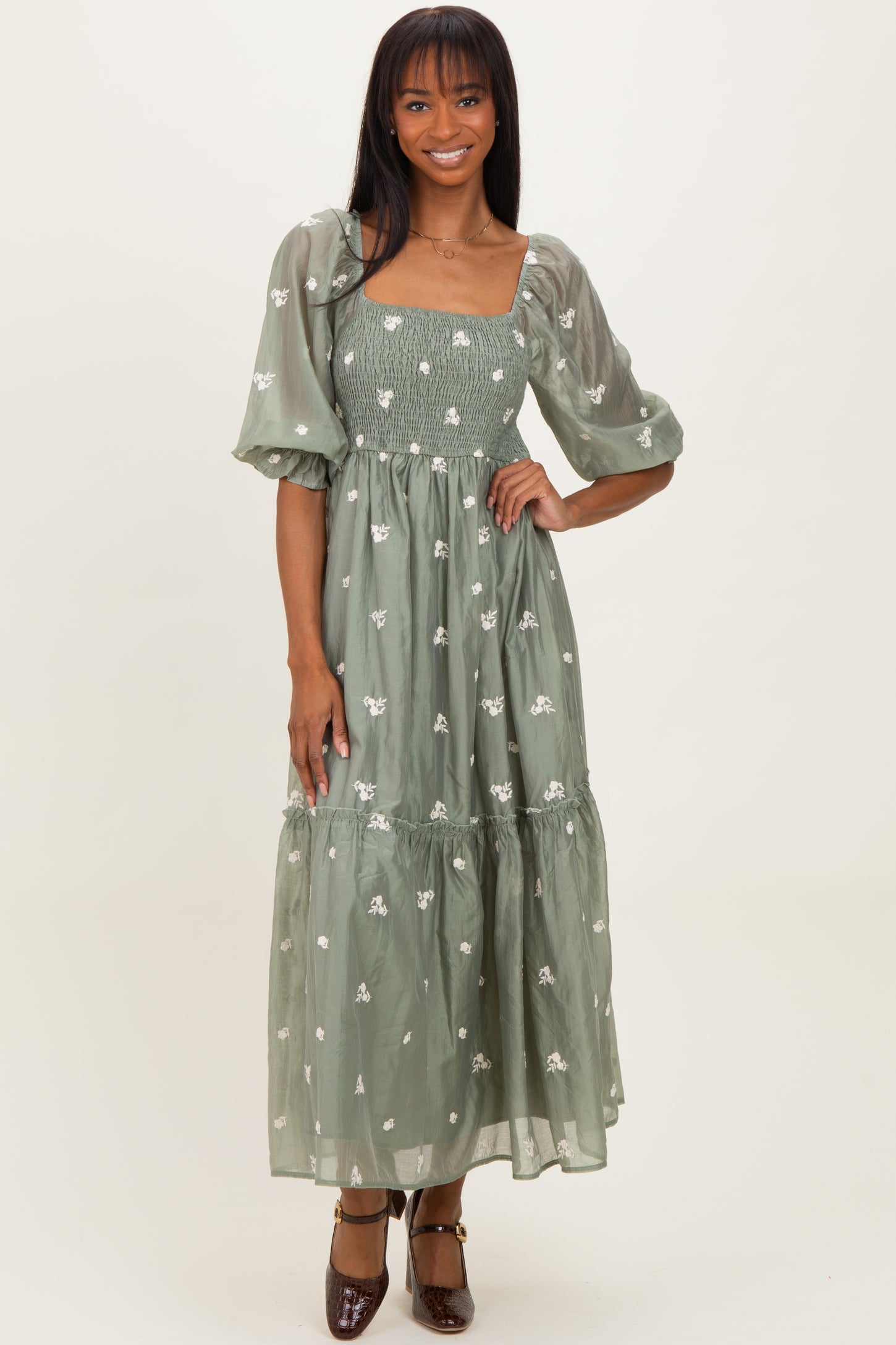 Light Olive Floral Embroidered Smocked 3/4 Sleeve Midi Dress
