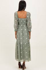 Light Olive Floral Embroidered Smocked 3/4 Sleeve Midi Dress