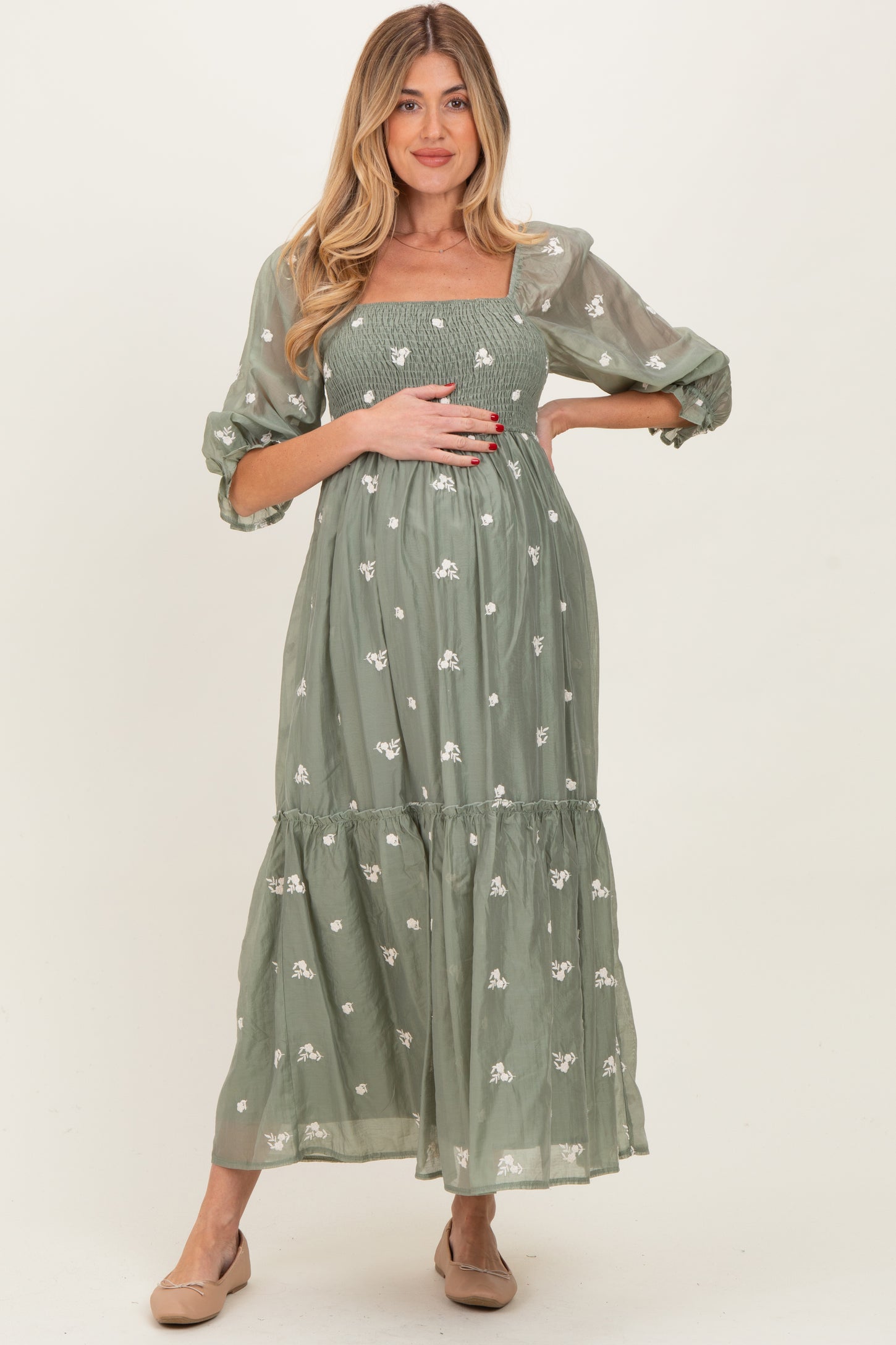 Light Olive Floral Embroidered Smocked 3/4 Sleeve Maternity Midi Dress