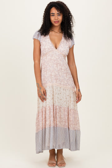 Multicolor Floral Colorblock Tiered Maxi Dress