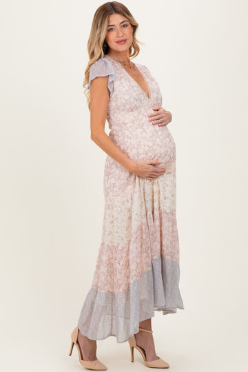Multicolor Floral Colorblock Tiered Maternity Maxi Dress