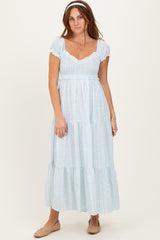 Light Blue Floral Lace Trim Tiered Maxi Dress