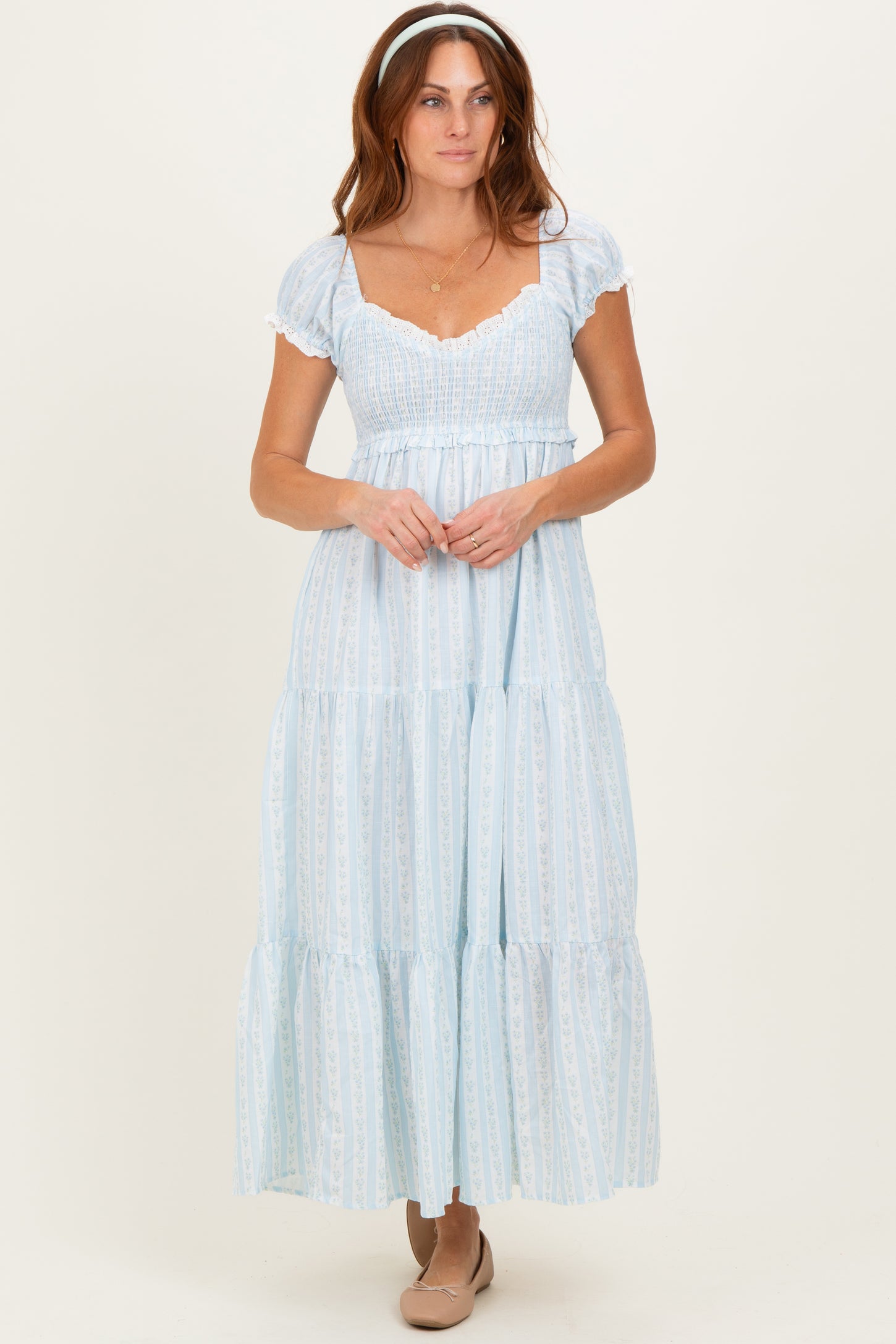 Light Blue Floral Lace Trim Tiered Maxi Dress