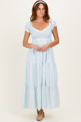 Light Blue Floral Lace Trim Tiered Maxi Dress