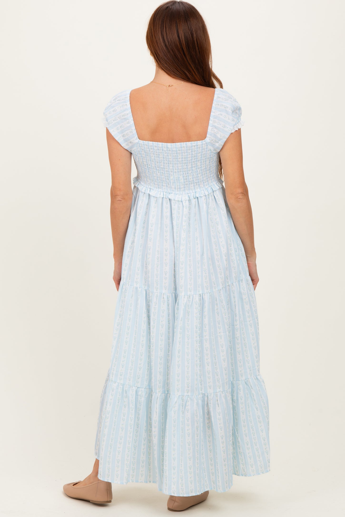 Light Blue Floral Lace Trim Tiered Maxi Dress