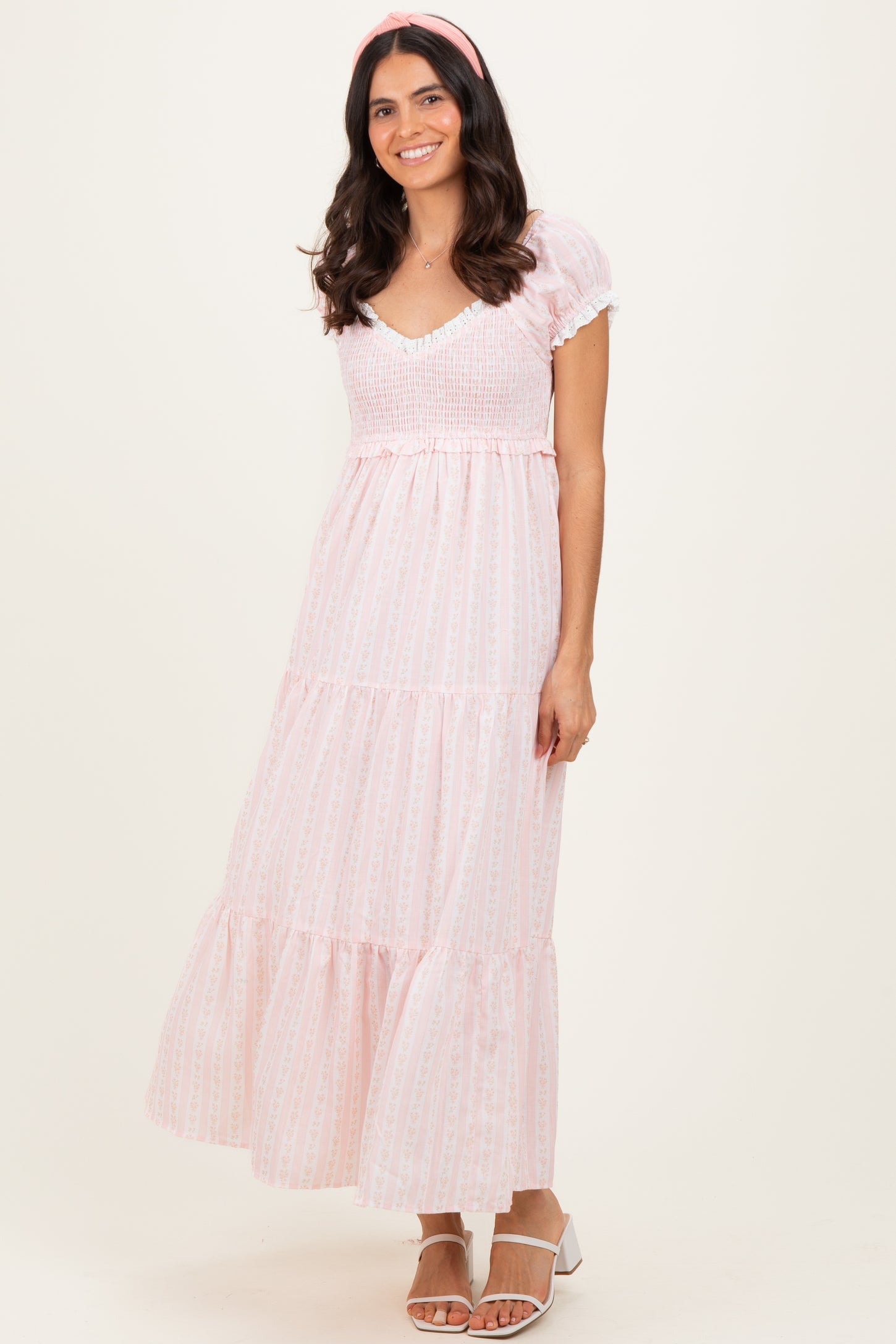 Light Pink Floral Lace Trim Tiered Maxi Dress