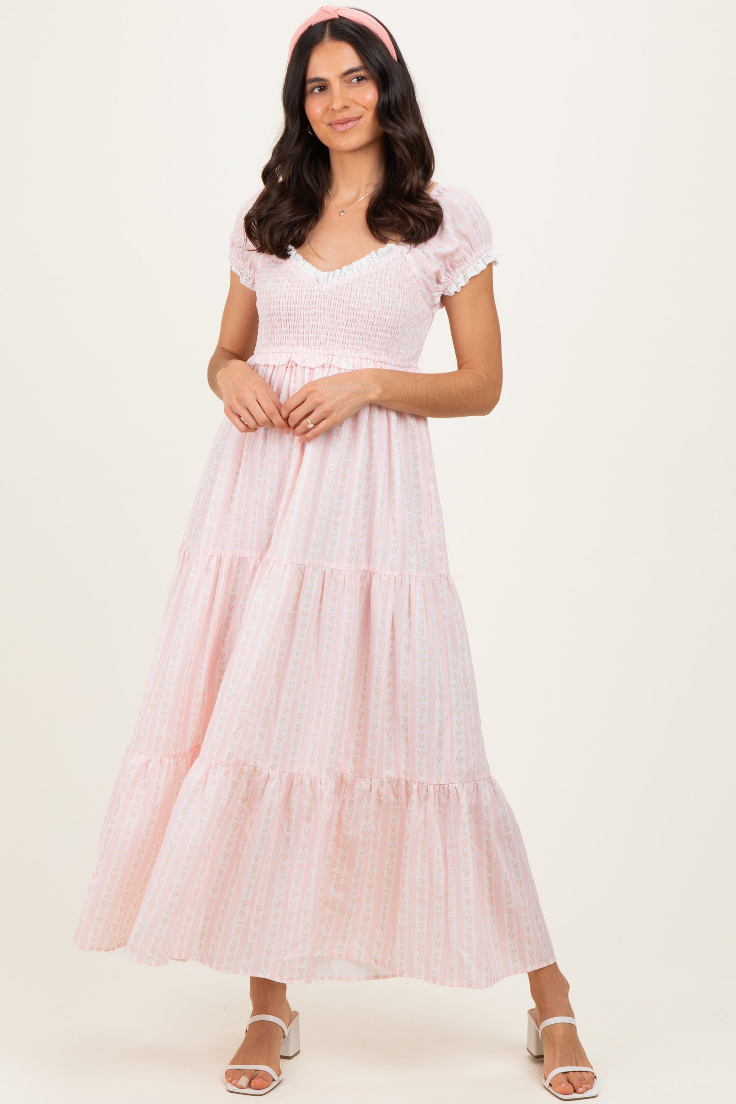 Light Pink Floral Lace Trim Tiered Maxi Dress